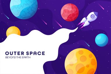 Space futuristic modern colorful background with rocket. Starship, spaceship in night sky. Solar system, galaxy and universe exploration. Vector illustration. clipart