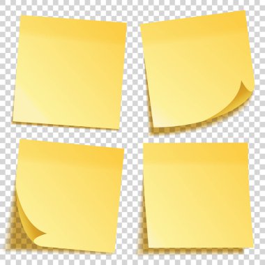 Gölge ile gerçekçi yapışkan not. Sarı kağıt seti. Not kağıdındaki mesaj. Hatırlatma. Vektör çizimi.