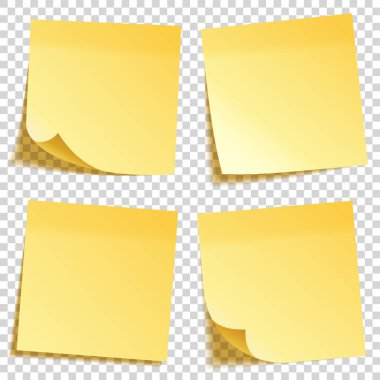 Gölge ile gerçekçi yapışkan not. Sarı kağıt seti. Not kağıdındaki mesaj. Hatırlatma. Vektör çizimi.