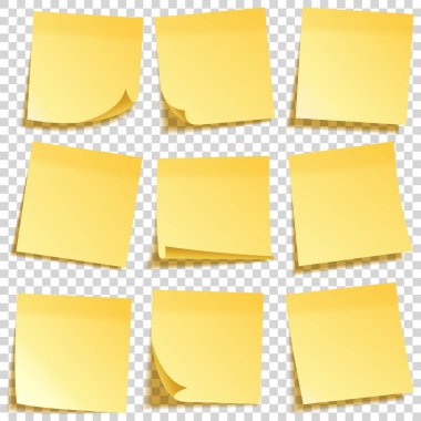 Gölge ile gerçekçi yapışkan not. Sarı kağıt seti. Not kağıdındaki mesaj. Hatırlatma. Vektör çizimi.