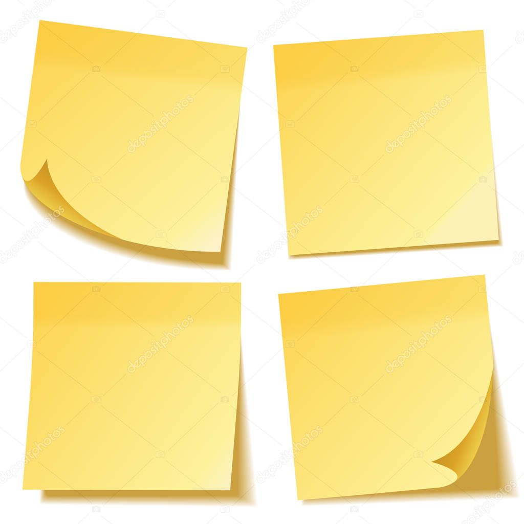 Realistic sticky note with shadow. Yellow paper set. Message on notepaper. Reminder. Vector illustration.