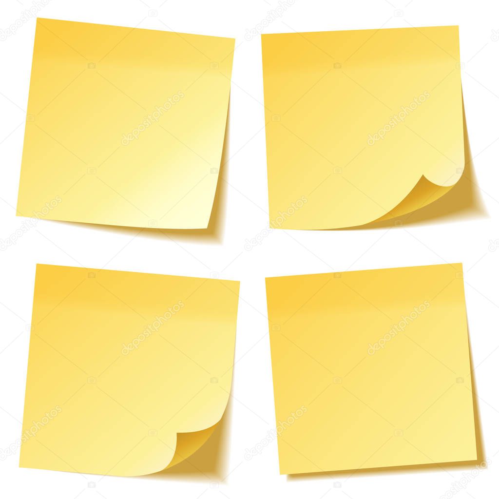 Realistic sticky note with shadow. Yellow paper set. Message on notepaper. Reminder. Vector illustration.