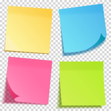 Gölge ile gerçekçi yapışkan not. Sarı kağıt seti. Not kağıdındaki mesaj. Hatırlatma. Vektör çizimi.