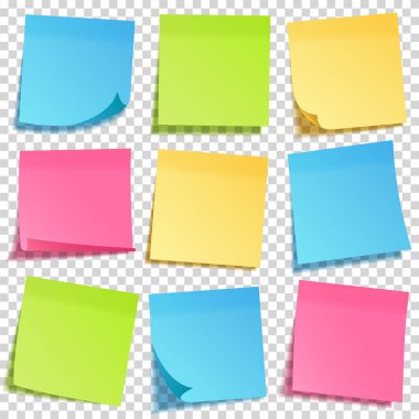 Gölge ile gerçekçi yapışkan not. Sarı kağıt seti. Not kağıdındaki mesaj. Hatırlatma. Vektör çizimi.