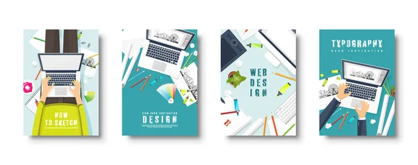 Grafisch en webdesign. Vlakke stijl covers set. Designer werkplek met tools. Ontwerp van de gebruikersinterface. Ui. Digitale tekening. Online tutorial. Vector illustratie. — Stockvector