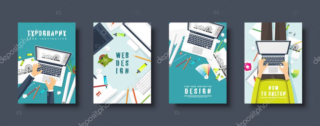 Graphic and web design. Flat style covers set. Designer workplace with tools. User interface design. UI. Digital drawing. Online tutorial. Vector illustration.