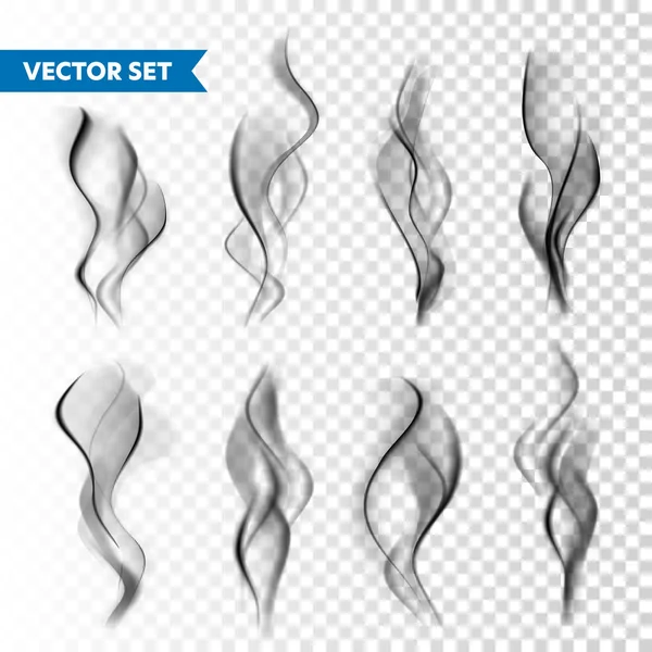 Realistic cigarette smoke set isolated on transparent background. Vector vapor in air, steam flow. Fog, mist effect. — Stock Vector