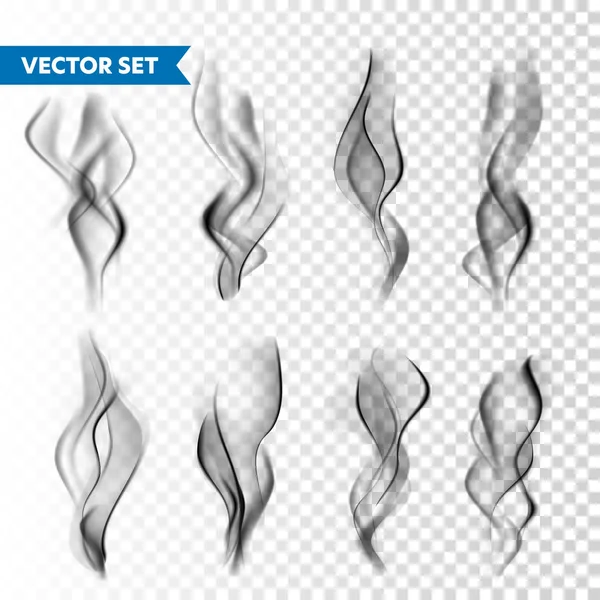 Realistic cigarette smoke set isolated on transparent background. Vector vapor in air, steam flow. Fog, mist effect. — Stock Vector
