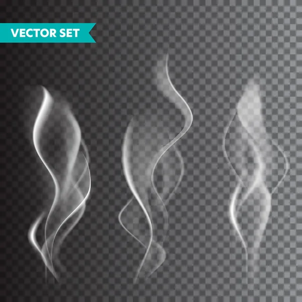 Realistic cigarette smoke set isolated on transparent background. Vector vapor in air, steam flow. Fog, mist effect. — Stock Vector