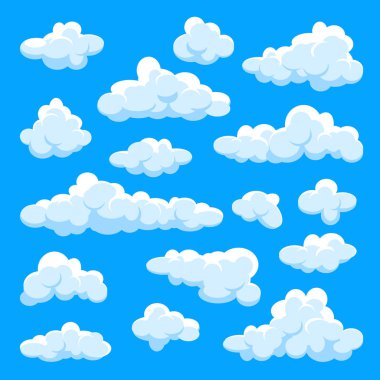 Beyaz bulutlar dağıldı. Soyut mavi yaz gökyüzü. Basit bir çizgi film bulutu. Vektör illüstrasyonu.