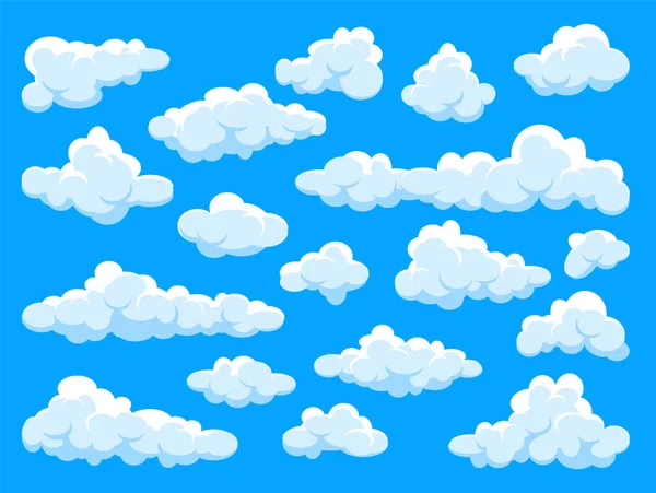 Λευκά σύννεφα ρυθμίστηκαν. Αφηρημένος μπλε καλοκαιρινός ουρανός. Ένα απλό σύννεφο κινουμένων σχεδίων. Εικονογράφηση διανύσματος. — Διανυσματικό Αρχείο