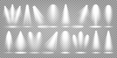 Vektör spot ışığı seti. Parlak ışık demeti. Şeffaf gerçekçi etki. Sahne aydınlatması.