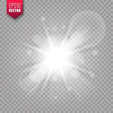 Parlak ışıklar saydam arka plana ayarlanır. Lens parlama etkisi. Parlak parıltı, güneş ışığı. Vektör çizimi.