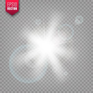 Parlak ışıklar saydam arka plana ayarlanır. Lens parlama etkisi. Parlak parıltı, güneş ışığı. Vektör çizimi.