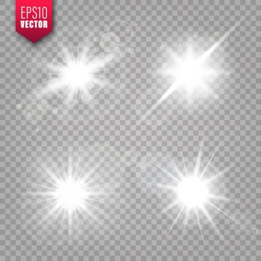 Parlak ışıklar saydam arka plana ayarlanır. Lens parlama etkisi. Parlak parıltı, güneş ışığı. Vektör çizimi.