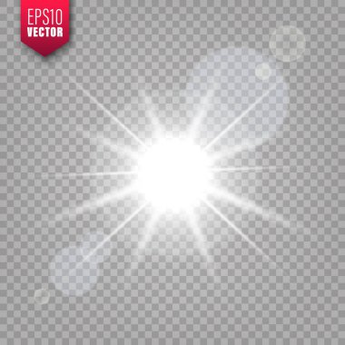 Saydam arka planda parlayan ışık. Lens parlama etkisi. Parlak parıltı, güneş ışığı. Vektör çizimi.