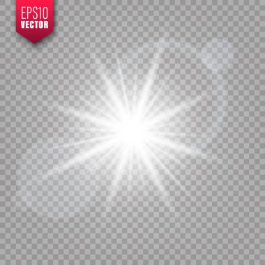 Saydam arka planda parlayan ışık. Lens parlama etkisi. Parlak parıltı, güneş ışığı. Vektör çizimi.