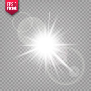 Saydam arka planda parlayan ışık. Lens parlama etkisi. Parlak parıltı, güneş ışığı. Vektör çizimi.