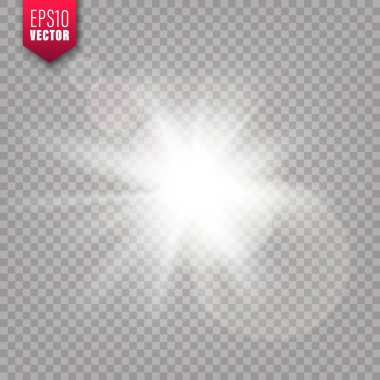 Saydam arka planda parlayan ışık. Lens parlama etkisi. Parlak parıltı, güneş ışığı. Vektör çizimi.