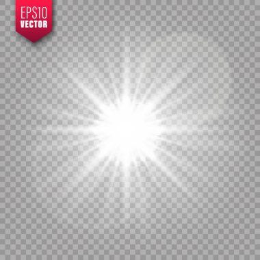 Saydam arka planda parlayan ışık. Lens parlama etkisi. Parlak parıltı, güneş ışığı. Vektör çizimi.