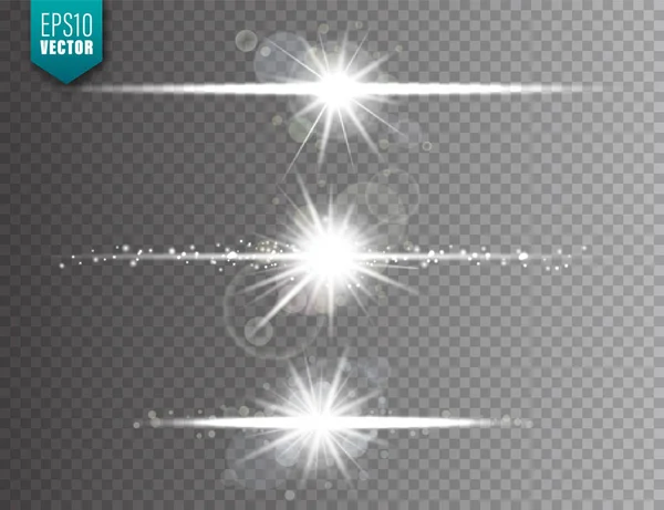 Lichtgevende lampjes ingesteld op transparante achtergrond. Lens flare-effect. Felle sprankelende flits, zonlicht. Vector illustratie. — Stockvector