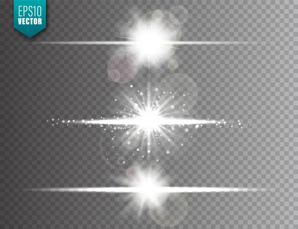 Lichtgevende lampjes ingesteld op transparante achtergrond. Lens flare-effect. Felle sprankelende flits, zonlicht. Vector illustratie. — Stockvector