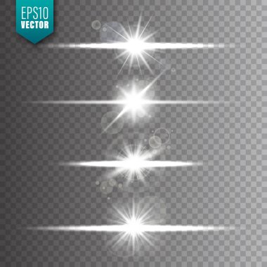 Parlak ışıklar saydam arka plana ayarlanır. Lens parlama etkisi. Parlak parıltı, güneş ışığı. Vektör çizimi.