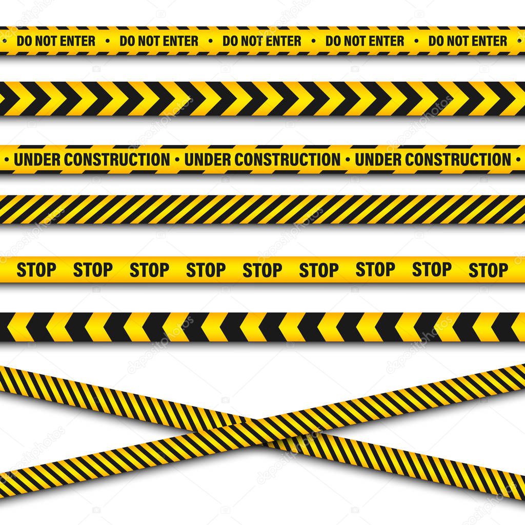 Yellow And Black Barricade Construction Tape. Police Warning Line. Brightly Colored Danger or Hazard Stripe. Vector illustration.