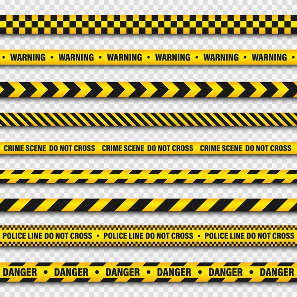透明背景上的黄色和黑色路障施工胶带。警察警告线颜色鲜艳的危险或危险条纹。矢量插图. — 图库矢量图片