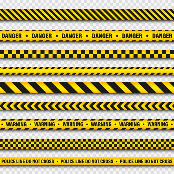 透明な背景に黄色と黒のバリケード建設テープ。警察の警告線明るい色の危険または危険なストライプ。ベクトルイラスト. — ストックベクタ