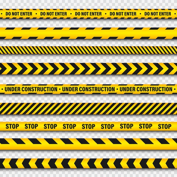 Ruban de construction de barricade jaune et noire sur fond transparent. Ligne d'alerte de la police. Bande de danger ou de danger de couleur vive. Illustration vectorielle . — Image vectorielle