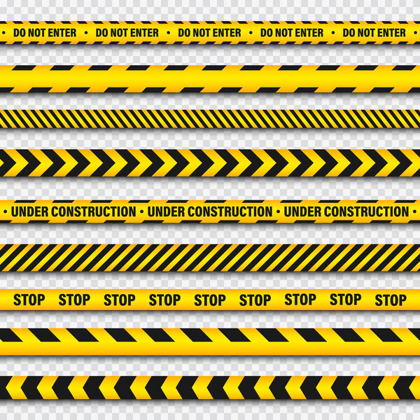 Yellow And Black Barricade Construction Tape On Transparent Background. Police Warning Line. Brightly Colored Danger or Hazard Stripe. Vector illustration.