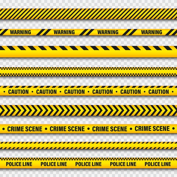 Ruban de construction de barricade jaune et noire sur fond transparent. Ligne d'alerte de la police. Bande de danger ou de danger de couleur vive. Illustration vectorielle . — Image vectorielle