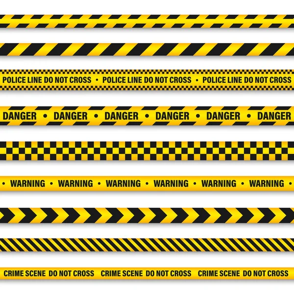 Жовта і чорна барикадна будівельна стрічка. Лінія попередження поліції. Яскраво-кольорова небезпека або небезпечна смуга. Векторні ілюстрації . — стоковий вектор
