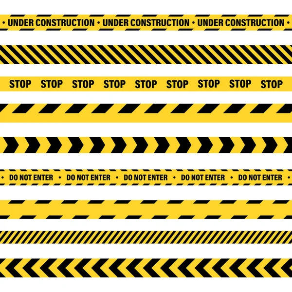 Жовта і чорна барикадна будівельна стрічка. Лінія попередження поліції. Яскраво-кольорова небезпека або небезпечна смуга. Векторні ілюстрації . — стоковий вектор