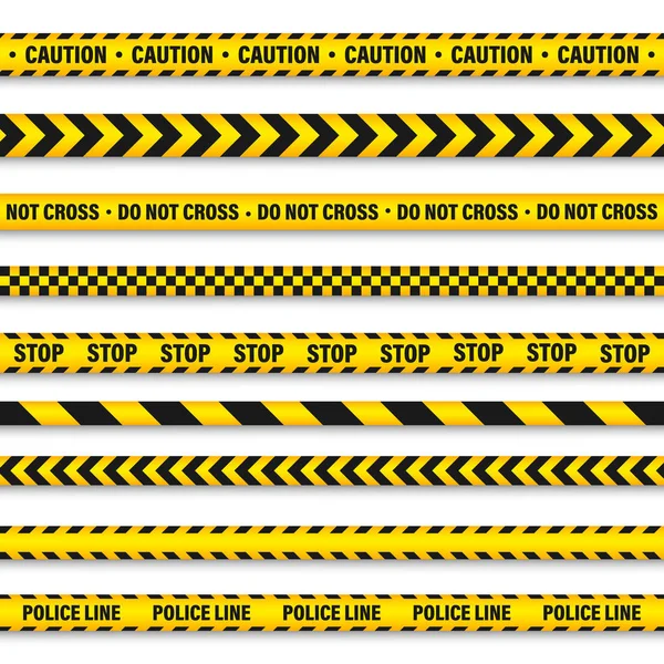 黄色和黑色路障施工胶带。警察警告线颜色鲜艳的危险或危险条纹。矢量插图. — 图库矢量图片