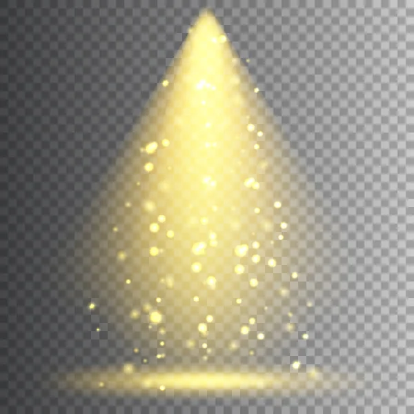 벡터 스포트라이트. 반짝임과 밝은 크리스마스 빛나는 빛 빔입니다. 투명 한 현실적인 반짝이 효과입니다. 무대 조명. — 스톡 벡터