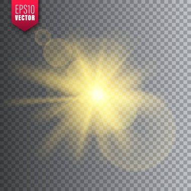 Saydam arka planda parlayan ışık. Lens parlama etkisi. Parlak parıltı, güneş ışığı. Vektör çizimi.