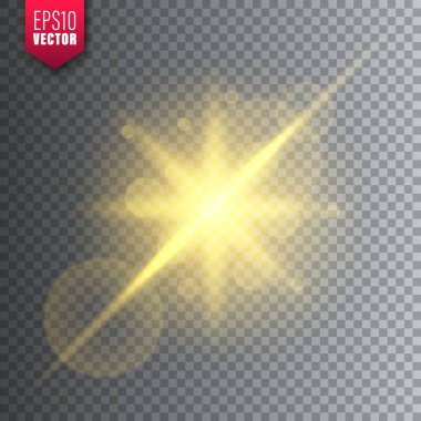 Saydam arka planda parlayan ışık. Lens parlama etkisi. Parlak parıltı, güneş ışığı. Vektör çizimi.