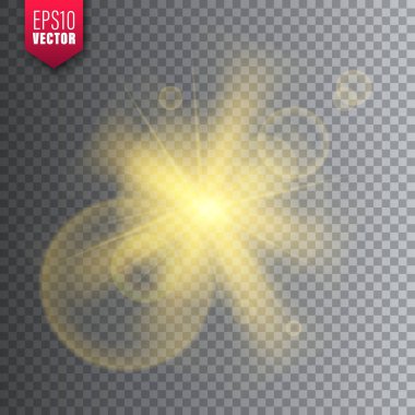 Saydam arka planda parlayan ışık. Lens parlama etkisi. Parlak parıltı, güneş ışığı. Vektör çizimi.