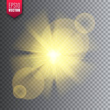 Saydam arka planda parlayan ışık. Lens parlama etkisi. Parlak parıltı, güneş ışığı. Vektör çizimi.