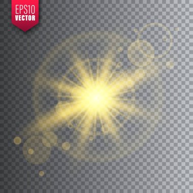 Saydam arka planda parlayan ışık. Lens parlama etkisi. Parlak parıltı, güneş ışığı. Vektör çizimi.