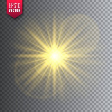 Saydam arka planda parlayan ışık. Lens parlama etkisi. Parlak parıltı, güneş ışığı. Vektör çizimi.