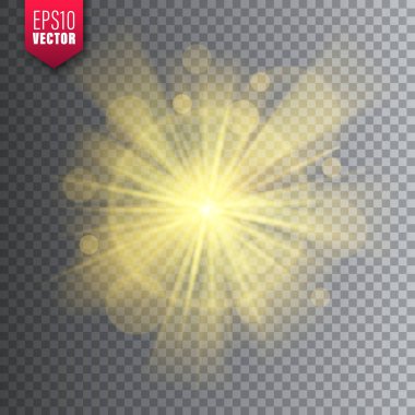 Saydam arka planda parlayan ışık. Lens parlama etkisi. Parlak parıltı, güneş ışığı. Vektör çizimi.