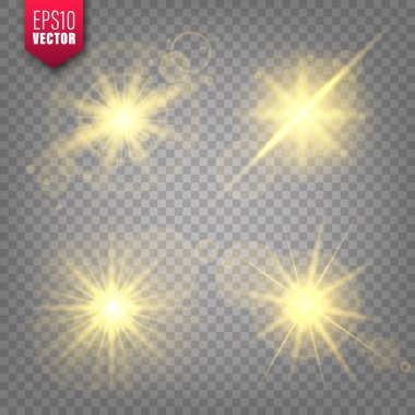 Parlak ışıklar saydam arka plana ayarlanır. Lens parlama etkisi. Parlak parıltı, güneş ışığı. Vektör çizimi.