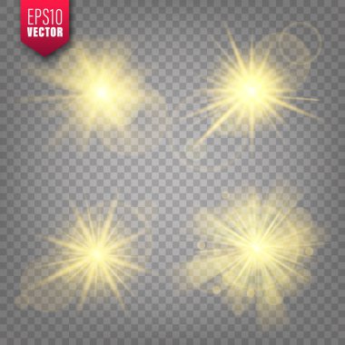 Parlak ışıklar saydam arka plana ayarlanır. Lens parlama etkisi. Parlak parıltı, güneş ışığı. Vektör çizimi.