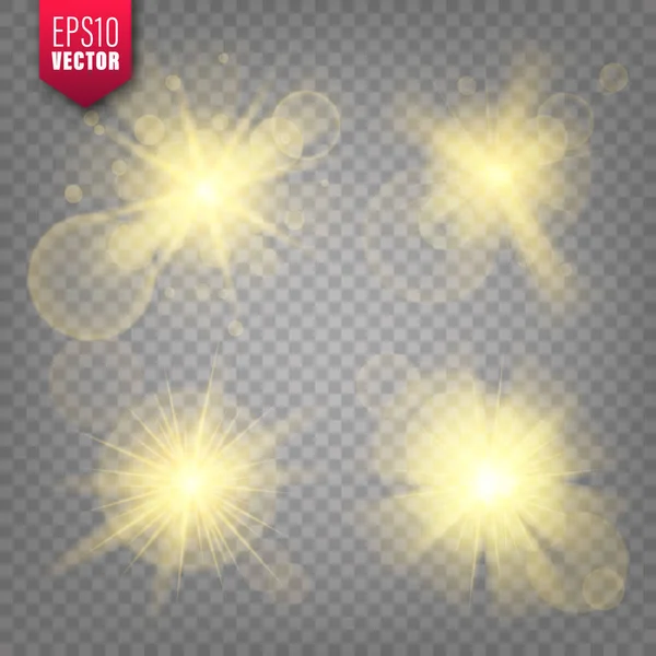 Glödande lampor inställd på transparent bakgrund. Linsöverstrålning effekt. Ljus gnistrande blixt, solljus. Vektor illustration. — Stock vektor