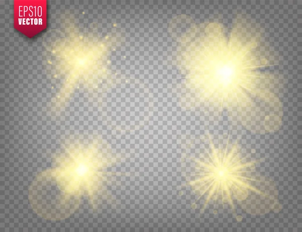 Lichtgevende lampjes ingesteld op transparante achtergrond. Lens flare-effect. Felle sprankelende flits, zonlicht. Vector illustratie. — Stockvector