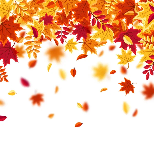 Hojas que caen en otoño. Fondo natural con follaje rojo, naranja, amarillo. Hoja voladora. Venta de temporada. Ilustración vectorial. — Archivo Imágenes Vectoriales