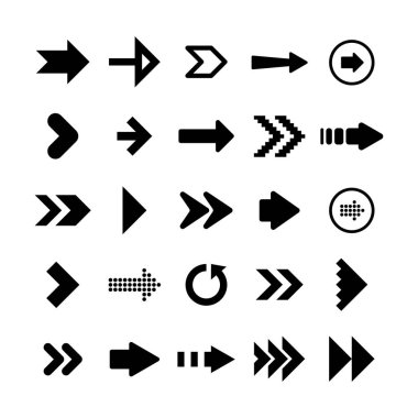 Beyaz Arkaplanda Siyah Oklar Ayarlandı. Ok, İmleç Simgesi. Vektör Noktaları Koleksiyonu. Geri, Sonraki Web Sayfası İşareti. 